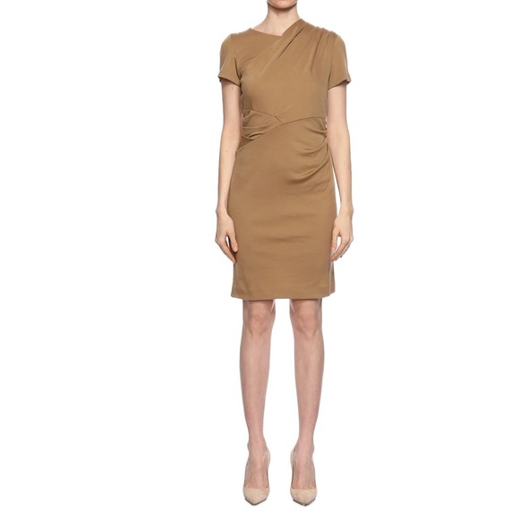 ππ CATHERINE MALANDRINO Camel Tan Wool Ruched Sheath Midi Dress | Sizeβ M - Picture 4 of 10